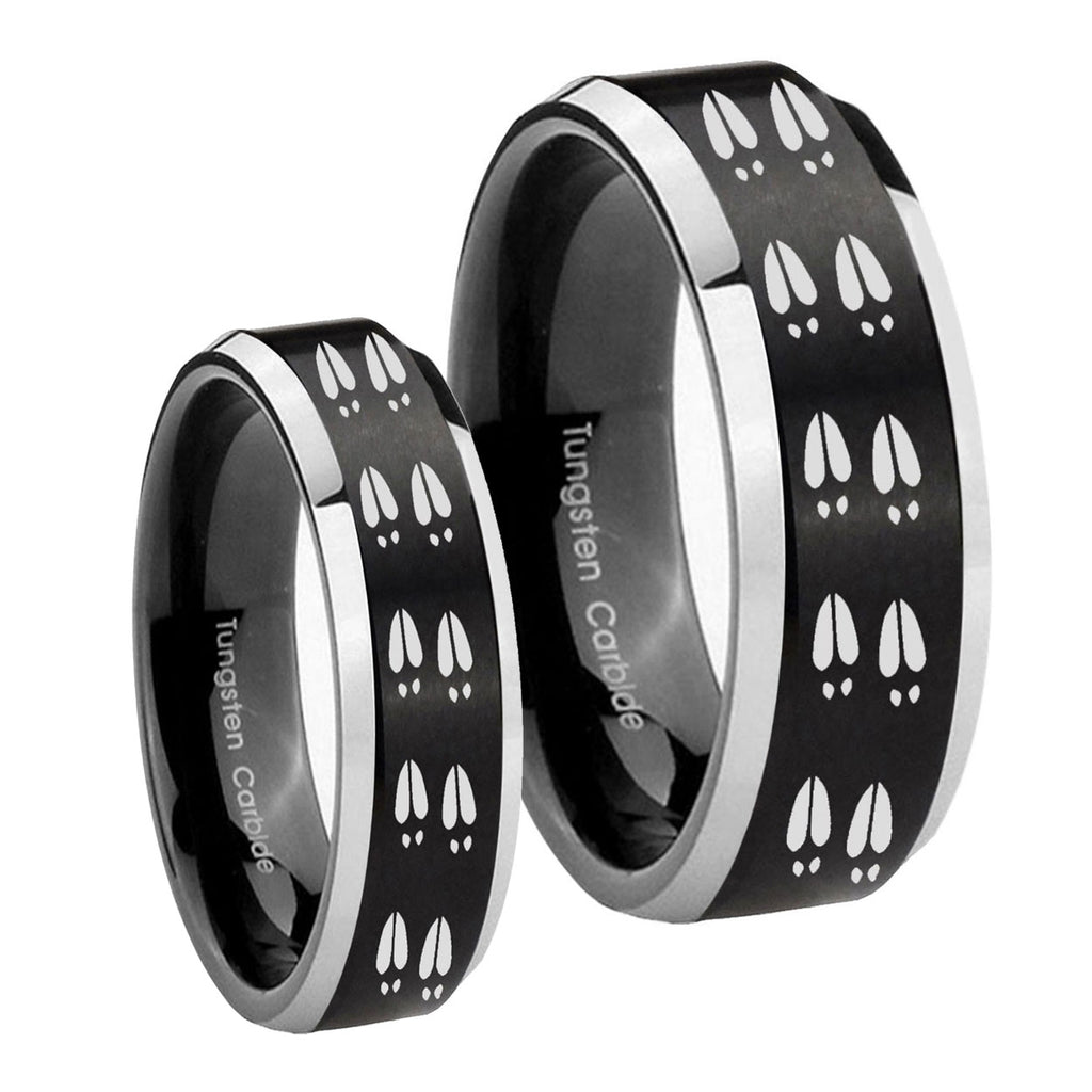 Deer Tracks Beveled Brush Black 2 Tone Tungsten Bridal Set Rings