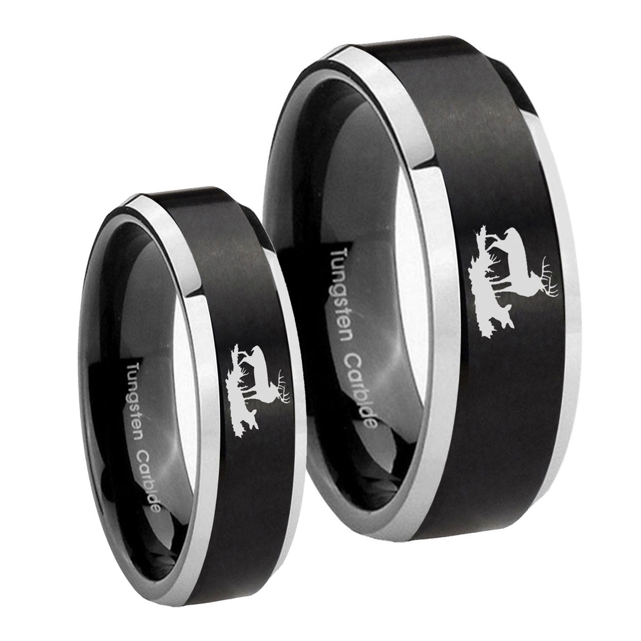 Deer Hunting Beveled Brush Black 2 Tone Tungsten Wedding Ring Set
