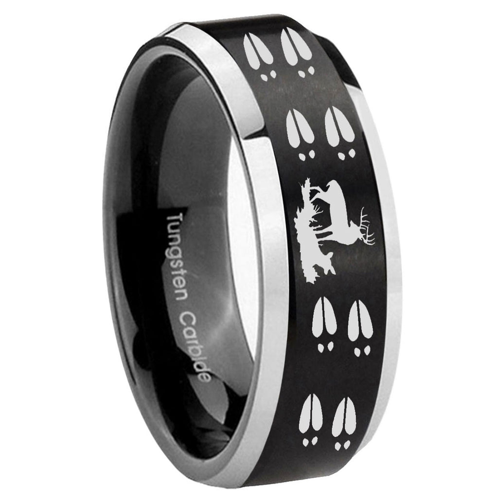 10mm Deer Hunting Tracks Beveled Brush Black 2 Tone Tungsten Mens Ring Engraved