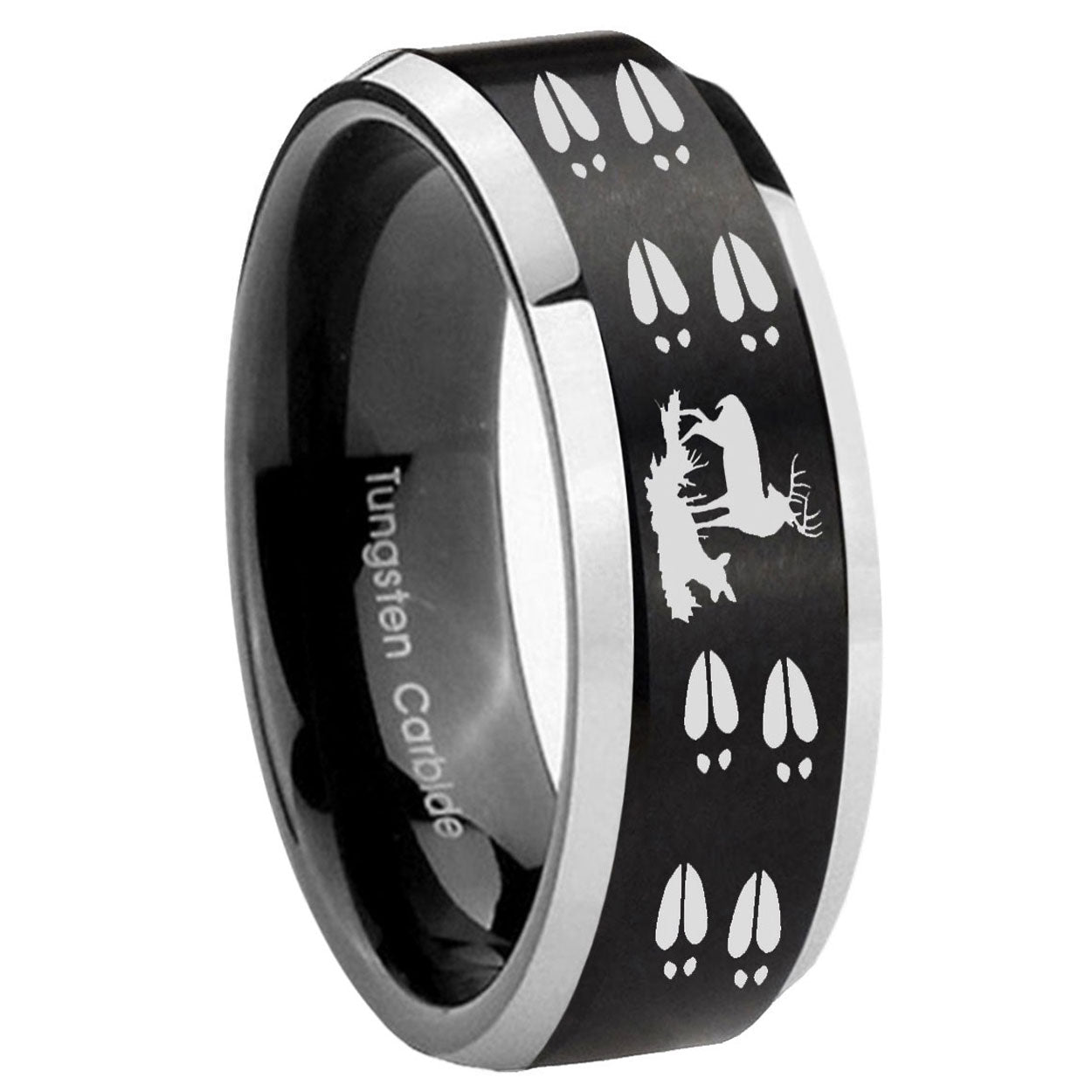 10mm Deer Hunting Tracks Beveled Brush Black 2 Tone Tungsten Mens Ring Engraved