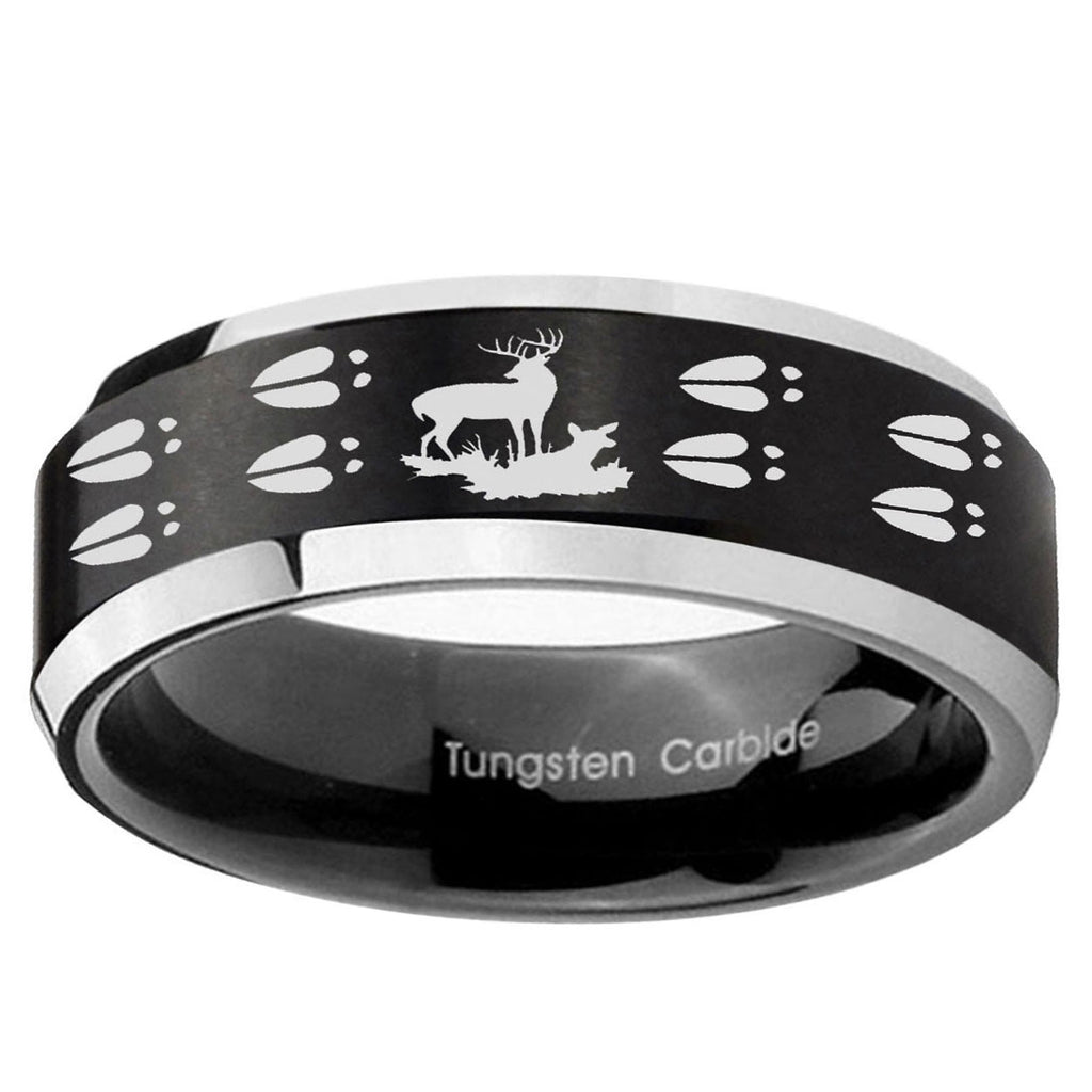 10mm Deer Hunting Tracks Beveled Brush Black 2 Tone Tungsten Ring