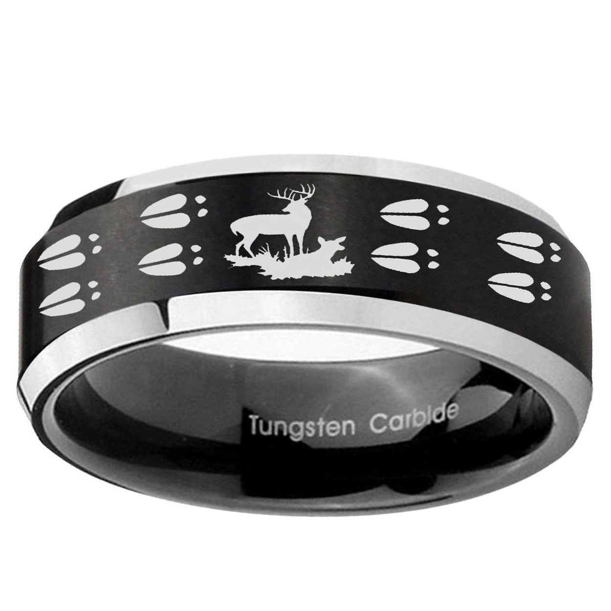 10mm Deer Hunting Tracks Beveled Brush Black 2 Tone Tungsten Ring