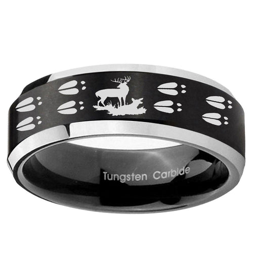 10mm Deer Hunting Tracks Beveled Brush Black 2 Tone Tungsten Ring