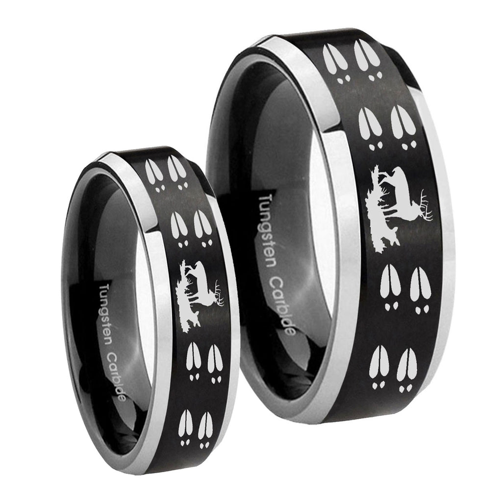 Deer Hunting Tracks Beveled Brush Black 2 Tone Tungsten His Hers Ring Set