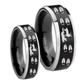 Deer Hunting Tracks Beveled Brush Black 2 Tone Tungsten His Hers Ring Set