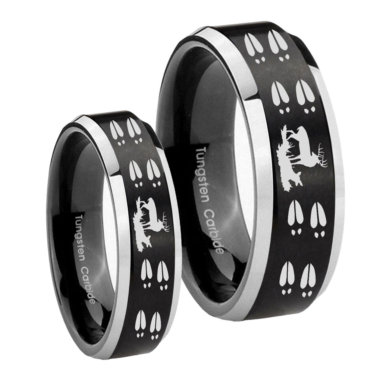 Deer Hunting Tracks Beveled Brush Black 2 Tone Tungsten His Hers Ring Set