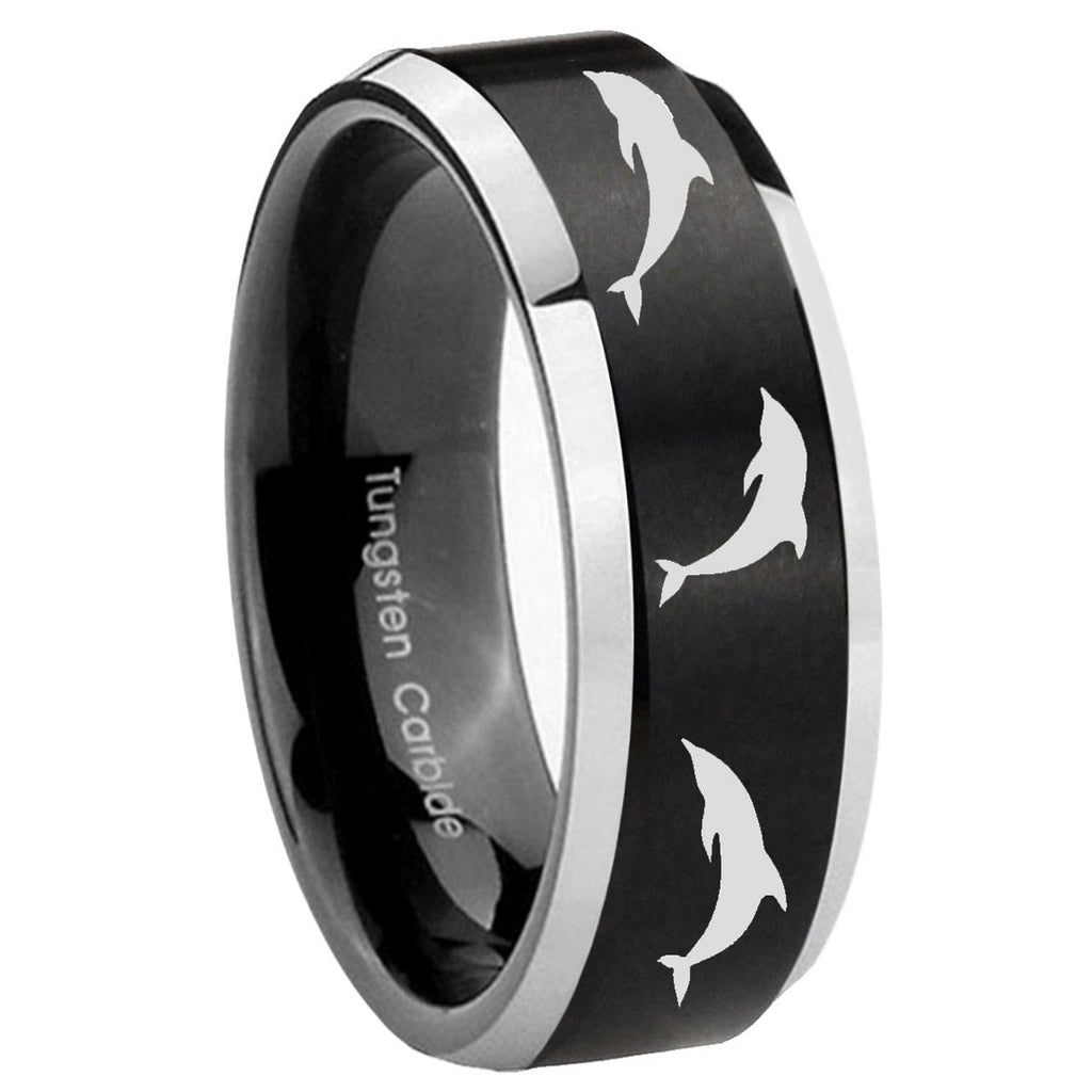 10mm Dolphins Beveled Edges Brush Black 2 Tone Tungsten Mens Ring Personalized