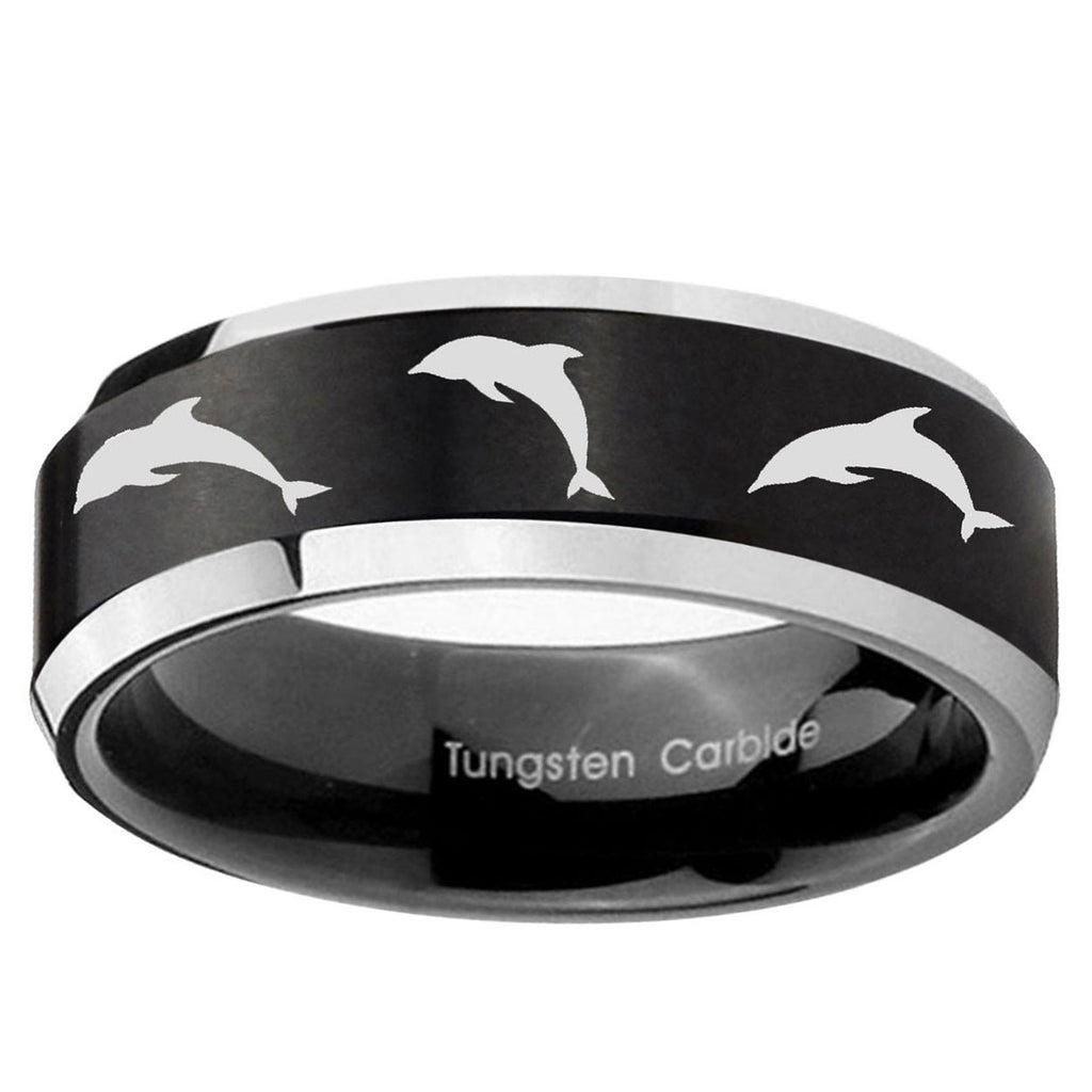 10mm Dolphins Beveled Edge Brush Black 2 Tone Tungsten Ring