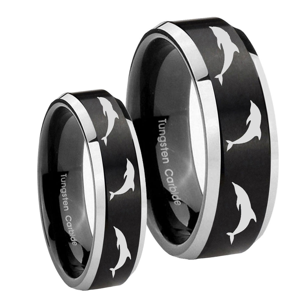 Dolphins Beveled Brush Black 2 Tone Tungsten Bridal Set Rings