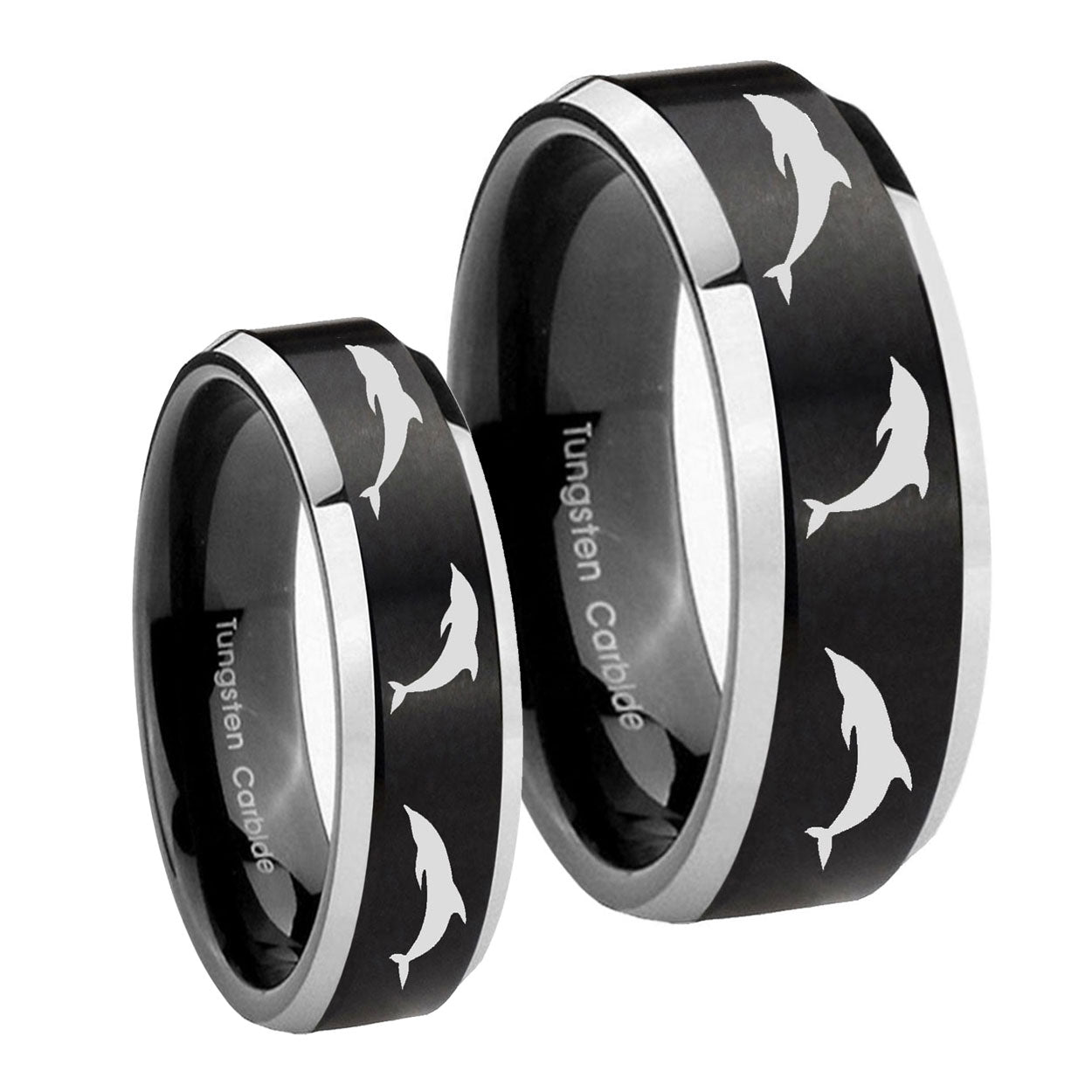 Dolphins Beveled Brush Black 2 Tone Tungsten Bridal Set Rings