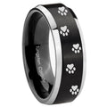 10mm Paw Print Beveled Edges Brush Black 2 Tone Tungsten Mens Wedding Band