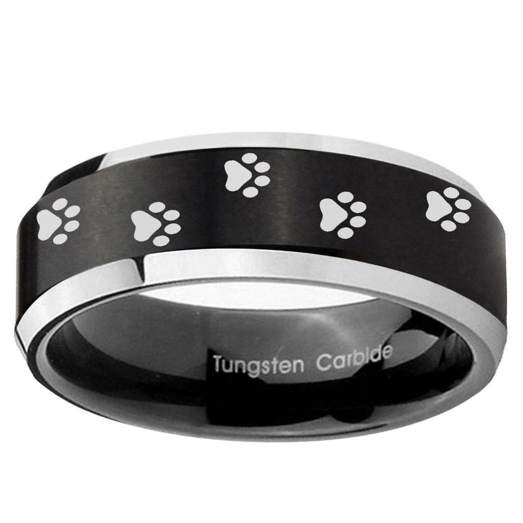 10mm Paw Print Beveled Edge Brush Black 2 Tone Tungsten Mens Wedding Band