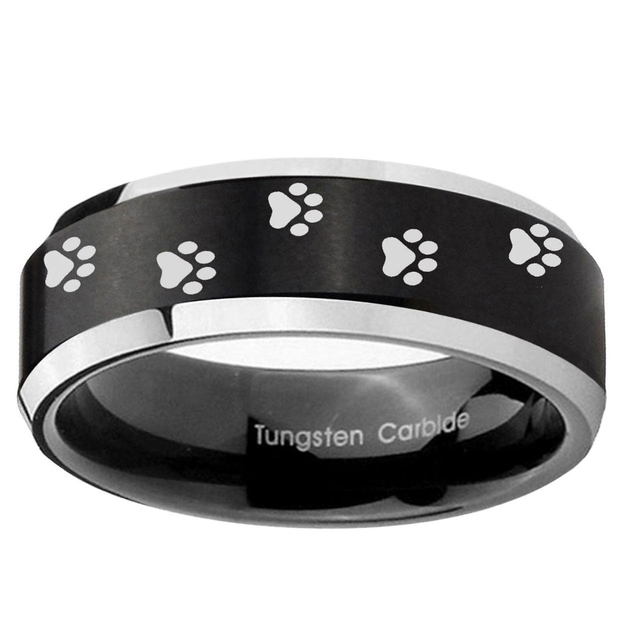 5MM Paw Print Beveled Two Tone Black Tungsten Wedding Band For Men