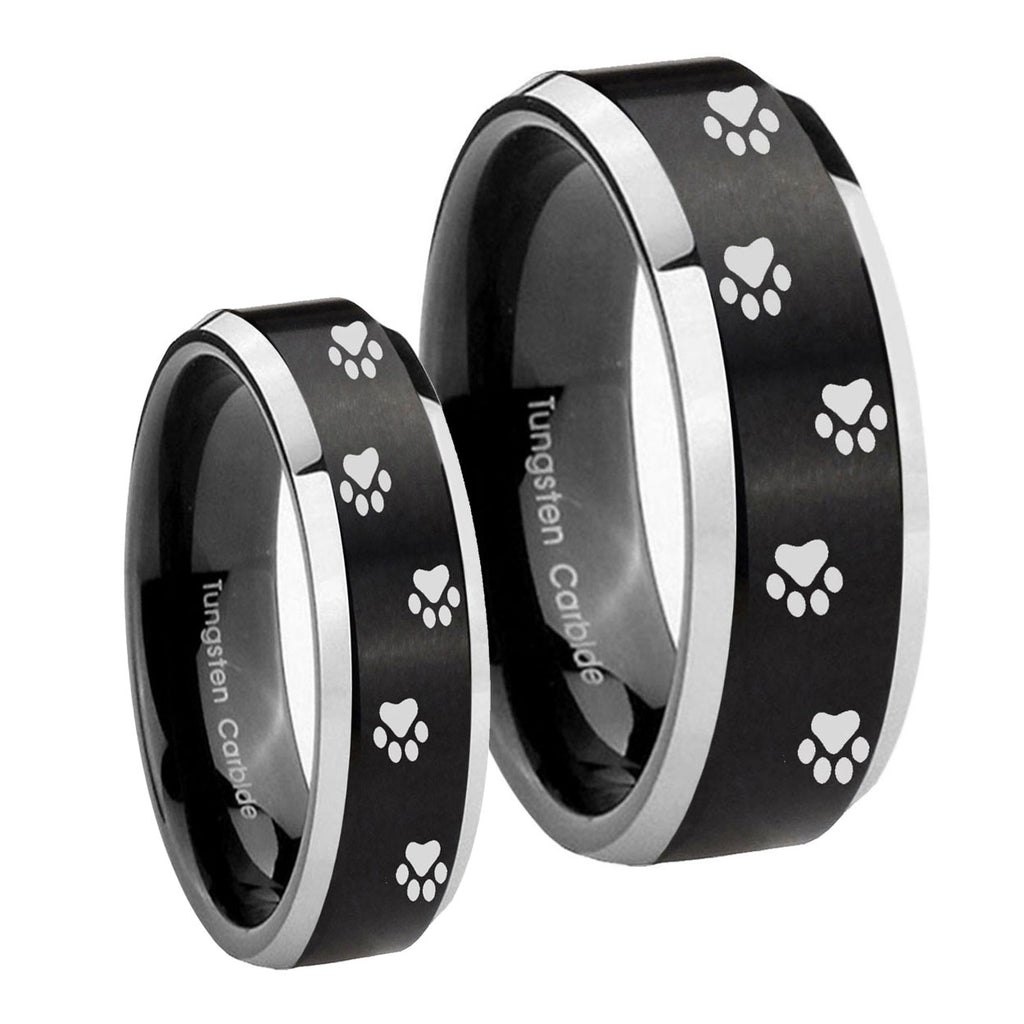 Paw Print Beveled Brush Black 2 Tone Tungsten Promise Ring Set