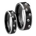 Paw Print Beveled Brush Black 2 Tone Tungsten Promise Ring Set
