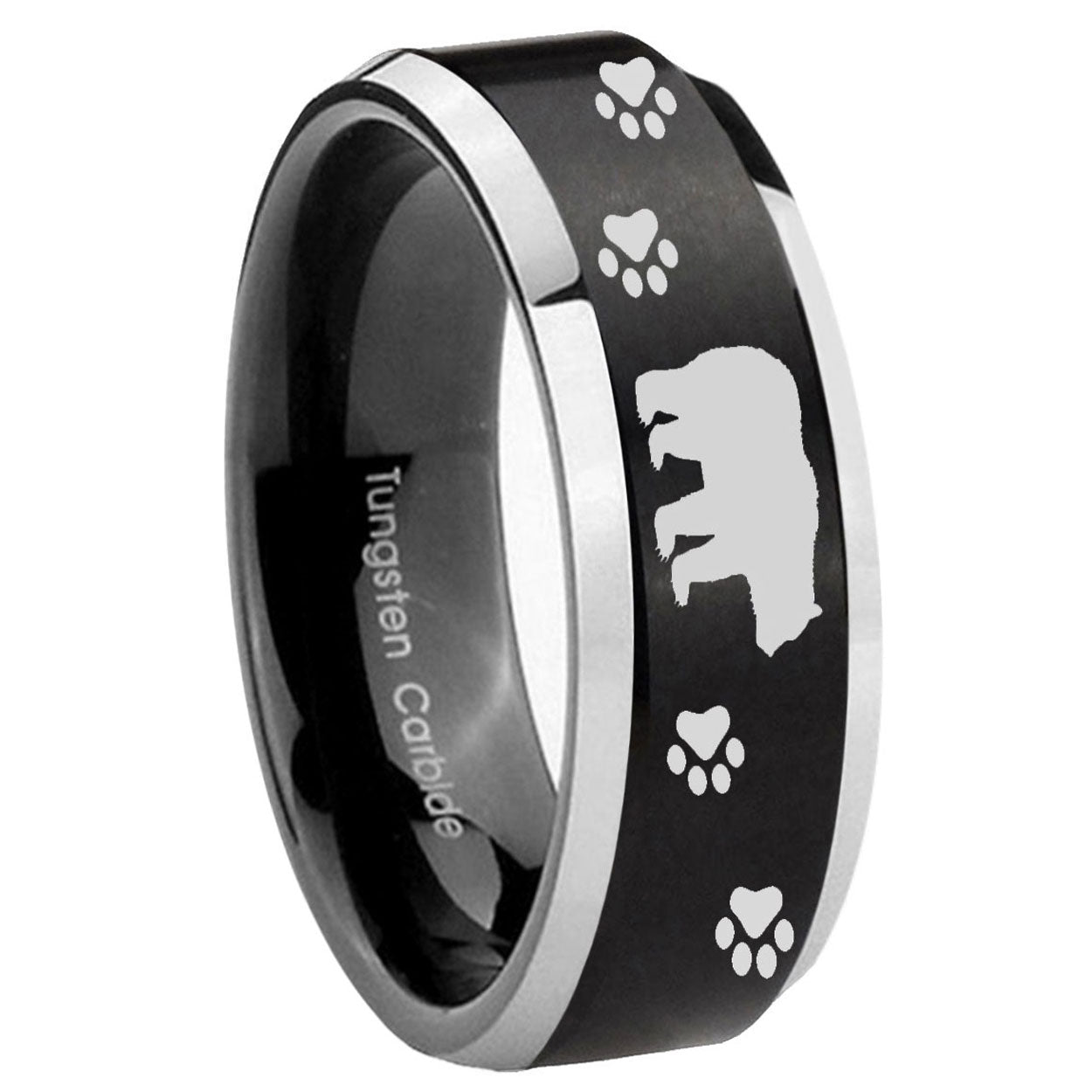 10mm Bear and Paw Beveled Edges Brush Black 2 Tone Tungsten Men's Wedding Band
