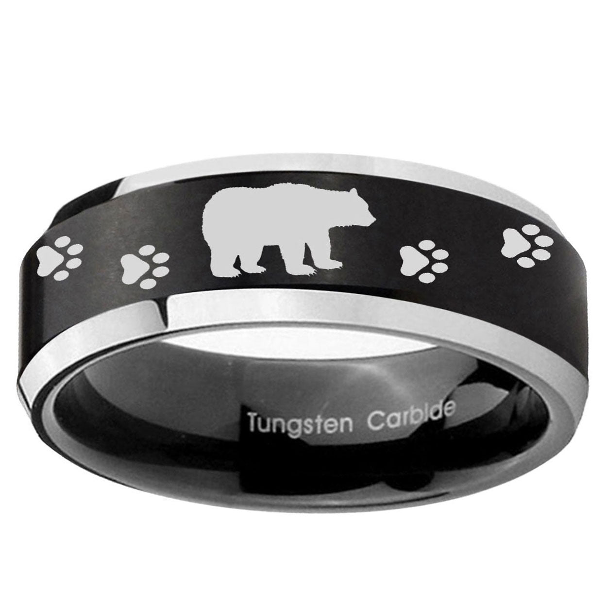 10mm Bear and Paw Beveled Edge Brush Black 2 Tone Tungsten Men's Wedding Band