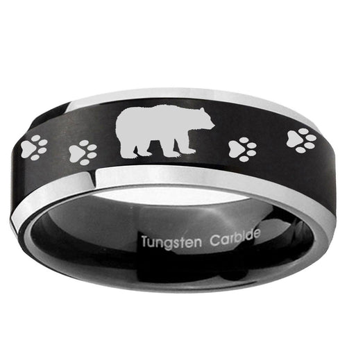 10mm Bear and Paw Beveled Edge Brush Black 2 Tone Tungsten Men's Wedding Band
