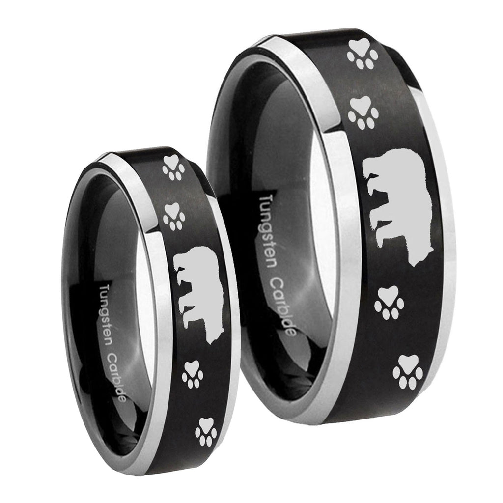Bear and Paw Beveled Brush Black 2 Tone Tungsten Couples Ring Set