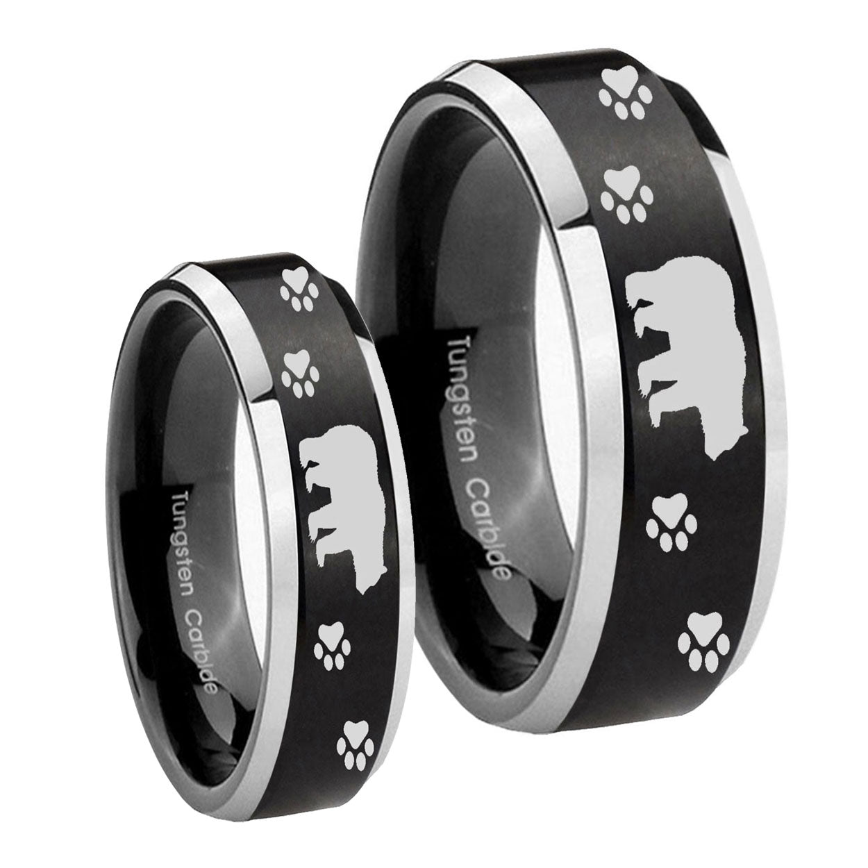 Bear and Paw Beveled Brush Black 2 Tone Tungsten Couples Ring Set