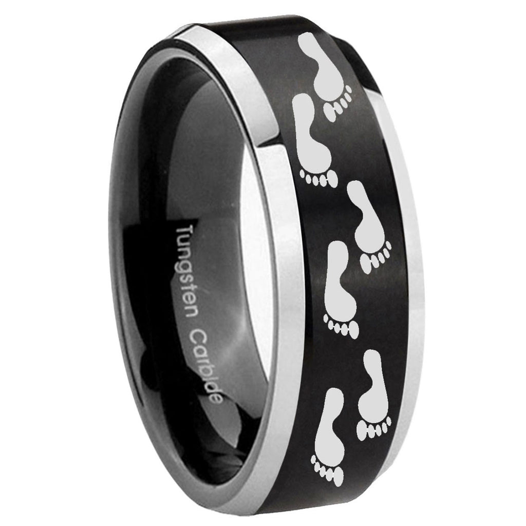 10mm Foot Print Beveled Edges Brush Black 2 Tone Tungsten Mens Wedding Ring
