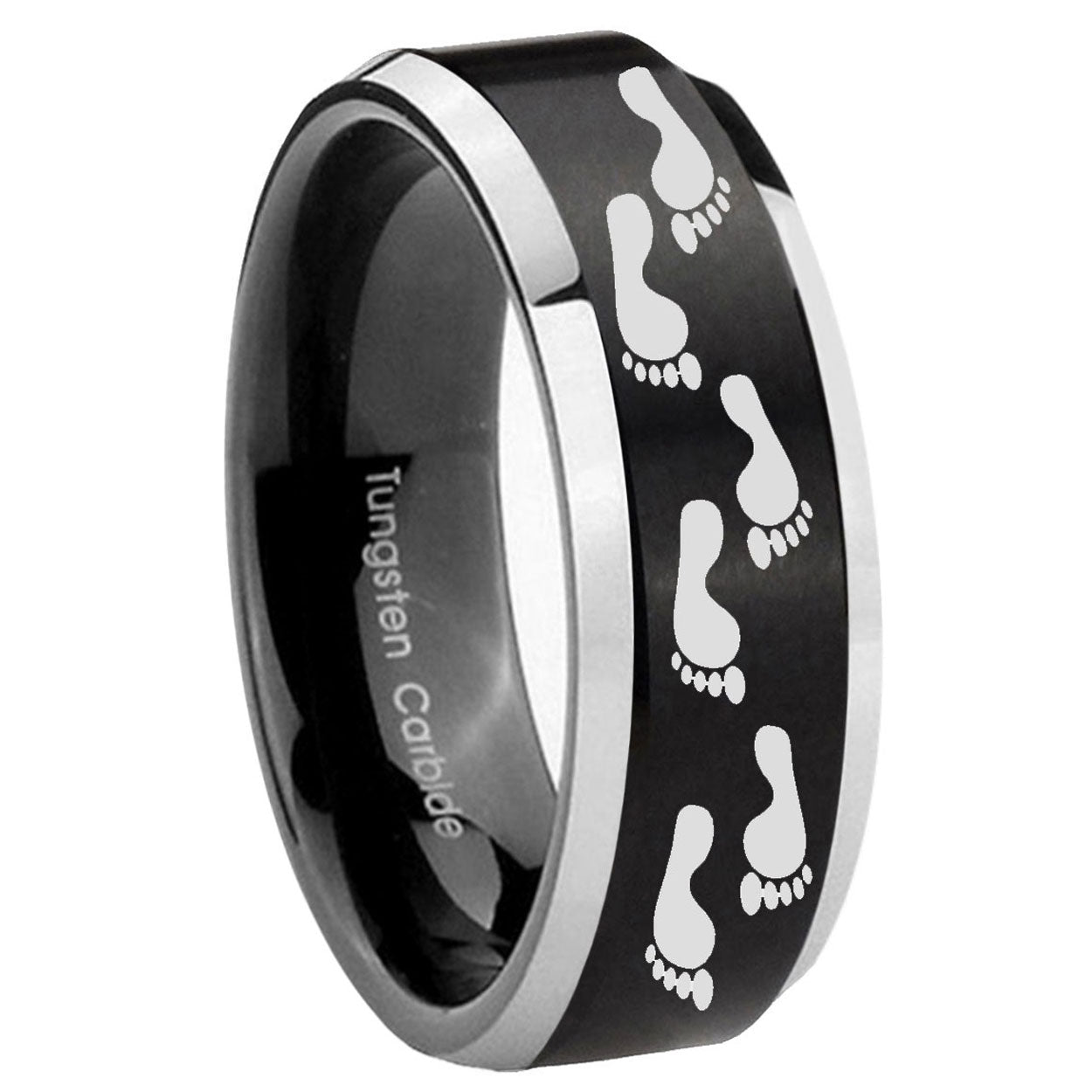 10mm Foot Print Beveled Edges Brush Black 2 Tone Tungsten Mens Wedding Ring
