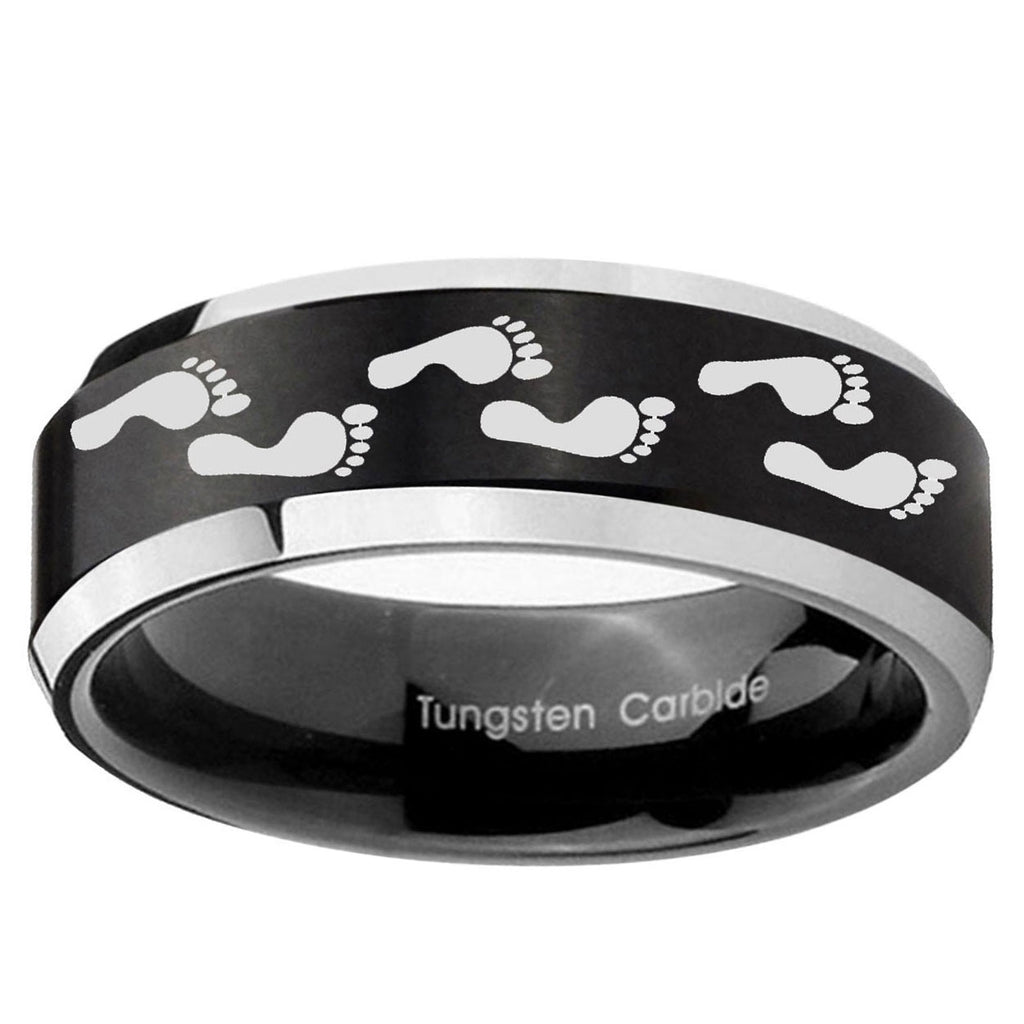 10mm Foot Print Beveled Edge Brush Black 2 Tone Tungsten Mens Wedding Ring