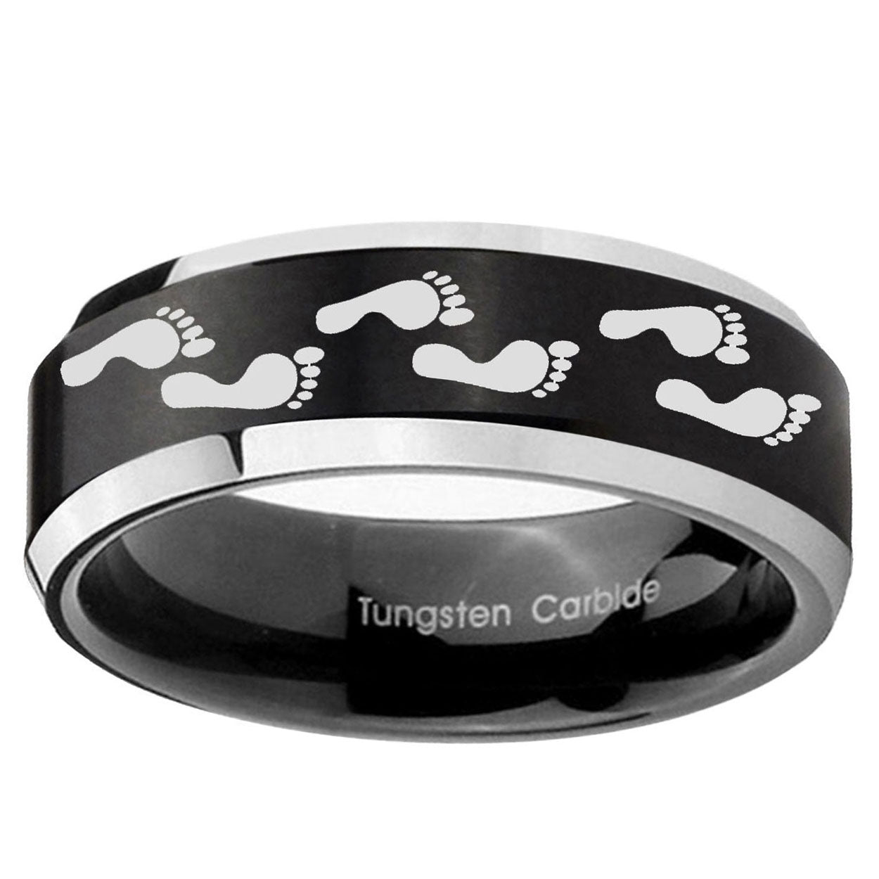 10mm Foot Print Beveled Edge Brush Black 2 Tone Tungsten Mens Wedding Ring