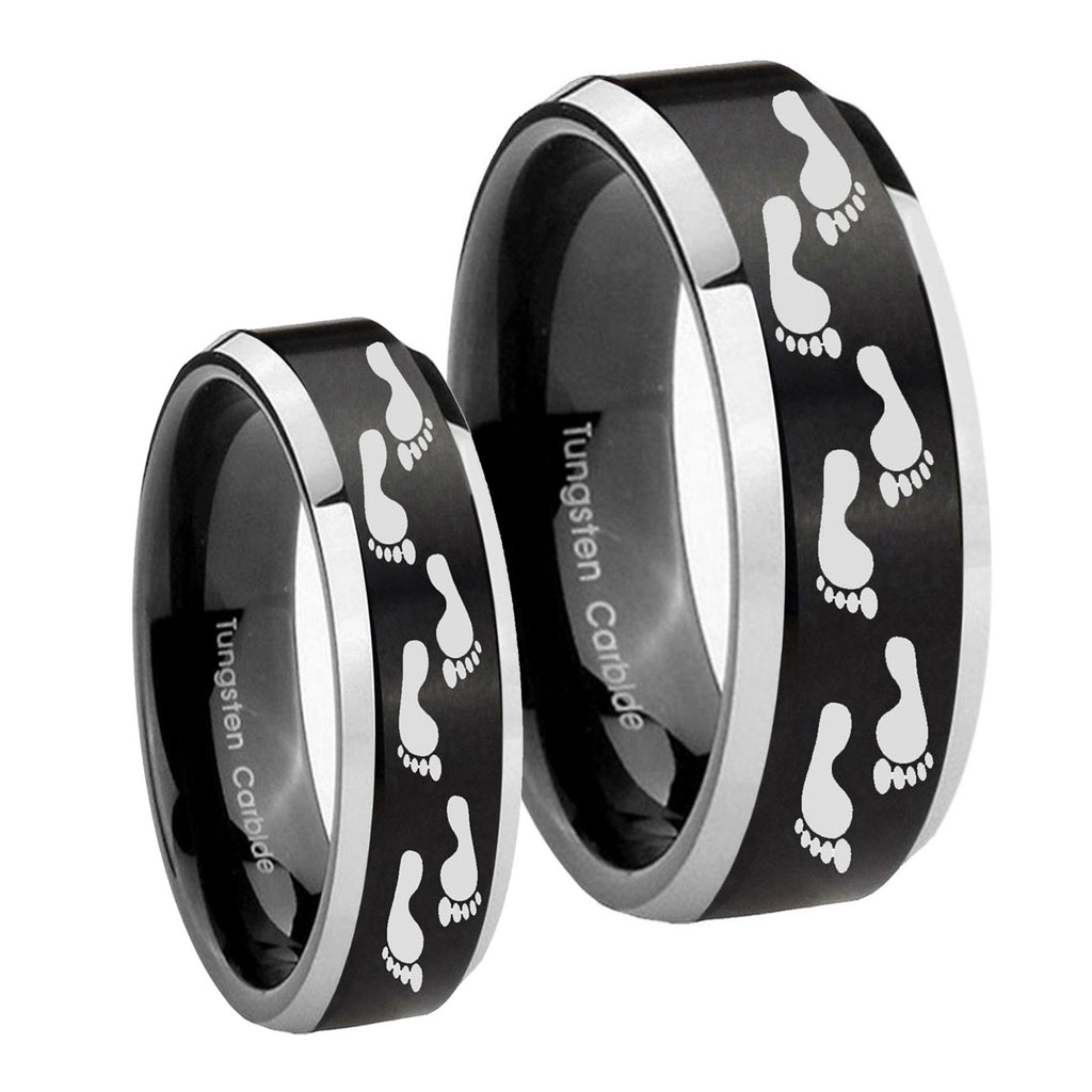 Foot Print Beveled Brush Black 2 Tone Tungsten Couples Ring Set