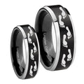 Foot Print Beveled Brush Black 2 Tone Tungsten Couples Ring Set