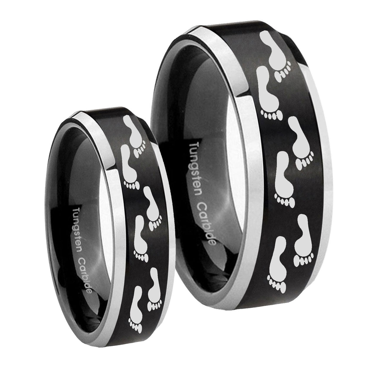 Foot Print Beveled Brush Black 2 Tone Tungsten Couples Ring Set