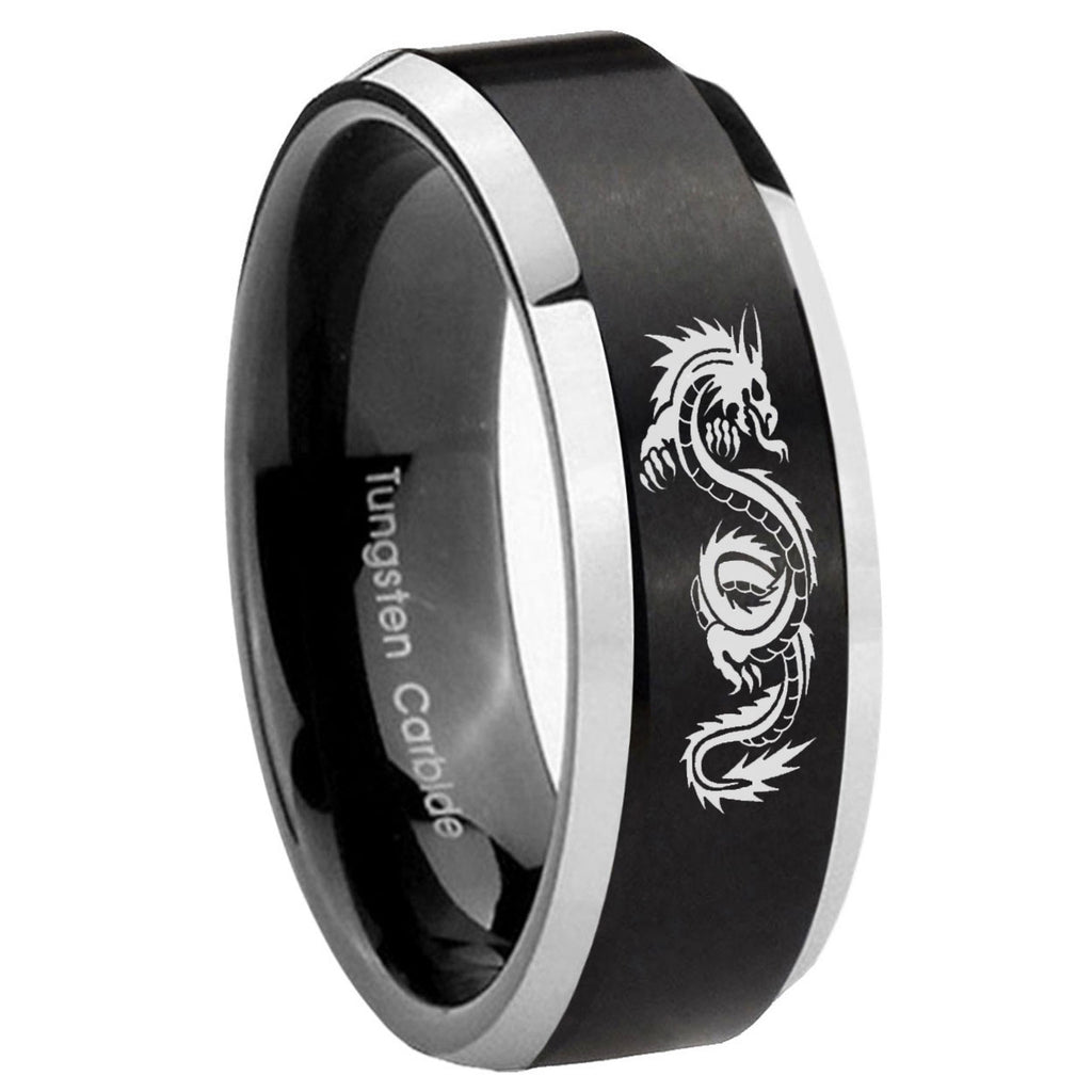 8MM Dragon Beveled Two Tone Black Tungsten Mens Engagement Ring