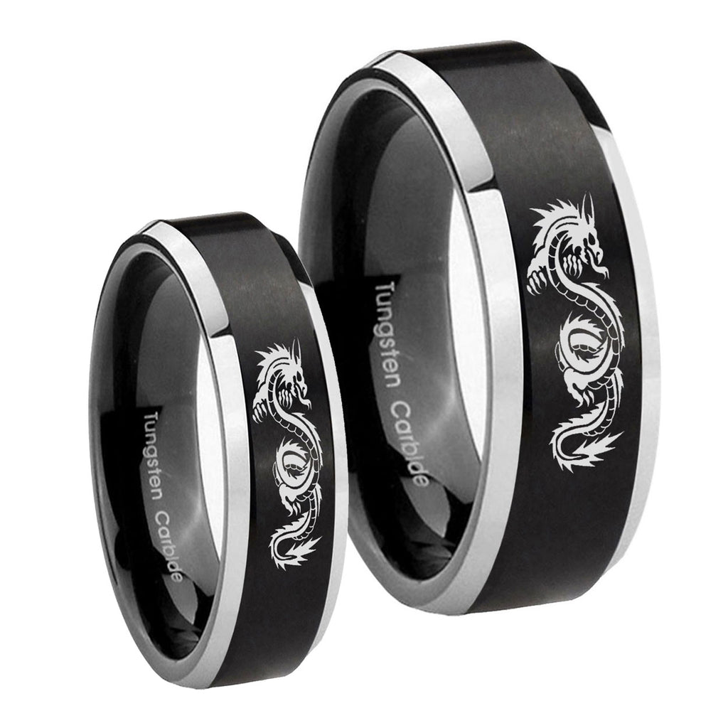 Dragon Beveled Brush Black 2 Tone Tungsten Bridal Ring Set