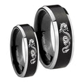 Dragon Beveled Brush Black 2 Tone Tungsten Bridal Ring Set