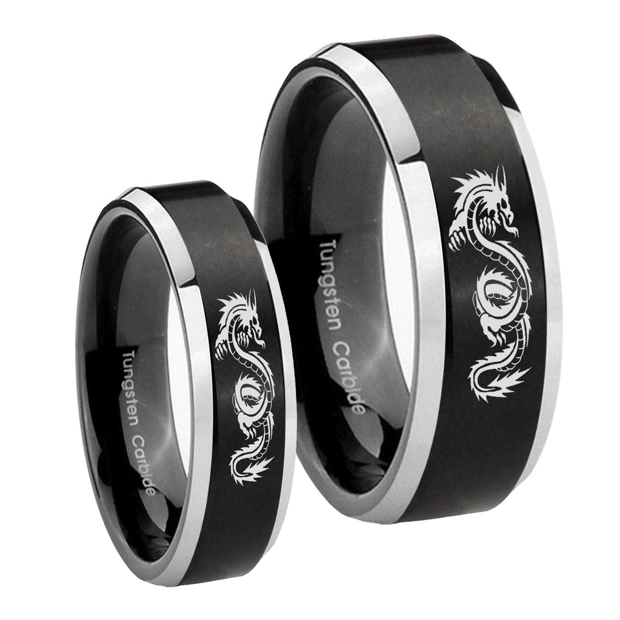 Dragon Beveled Brush Black 2 Tone Tungsten Bridal Ring Set