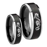 His Hers Dragon Beveled Brush Black 2 Tone Tungsten Mens Ring Personalized Set