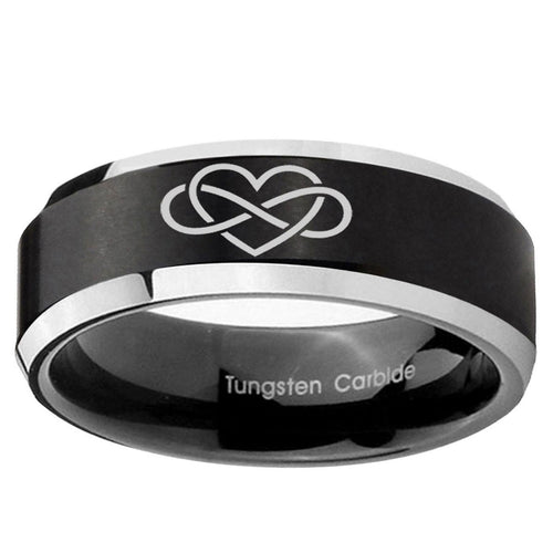10mm Infinity Love Beveled Edge Brush Black 2 Tone Tungsten Wedding Band Mens