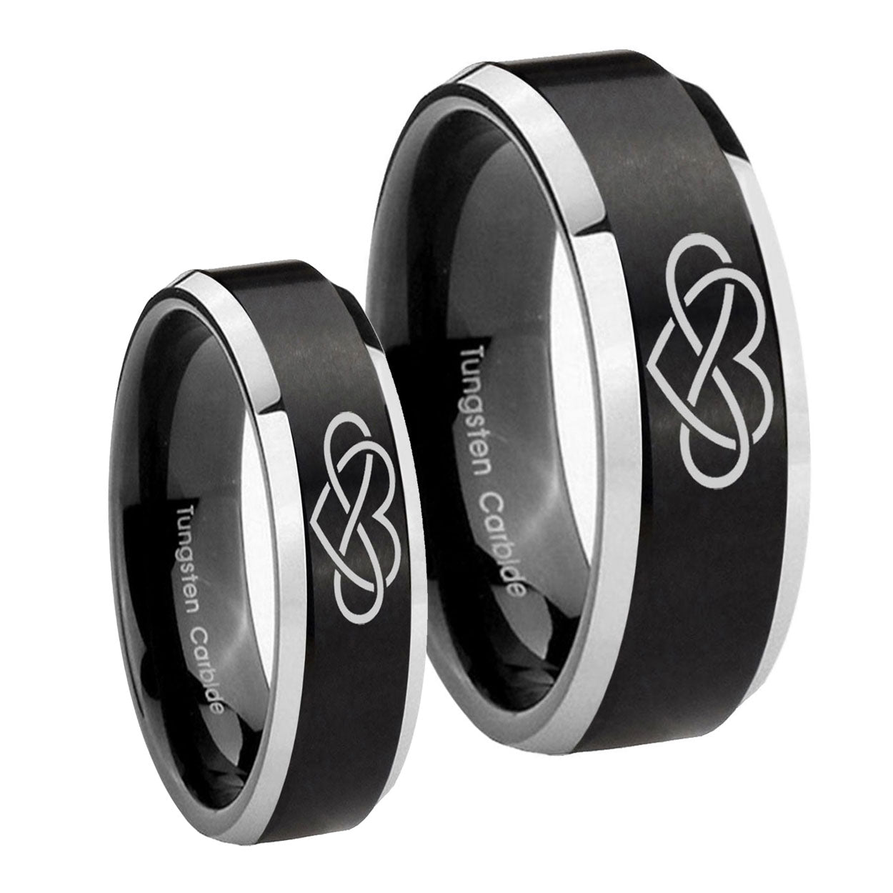 Infinity Love Beveled Brush Black 2 Tone Tungsten Engagement Ring Set