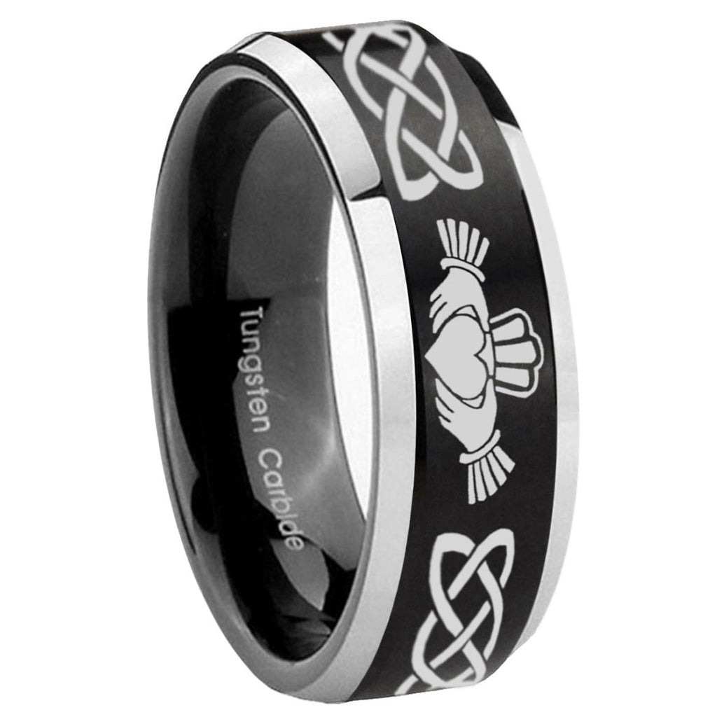 10mm Irish Claddagh Beveled Edges Brush Black 2 Tone Tungsten Men's Wedding Ring