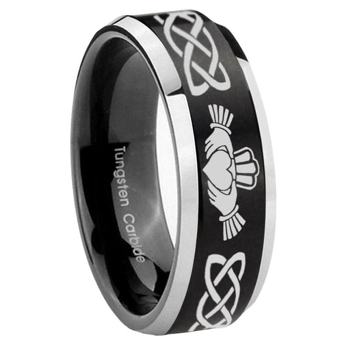 10mm Irish Claddagh Beveled Edges Brush Black 2 Tone Tungsten Men's Wedding Ring
