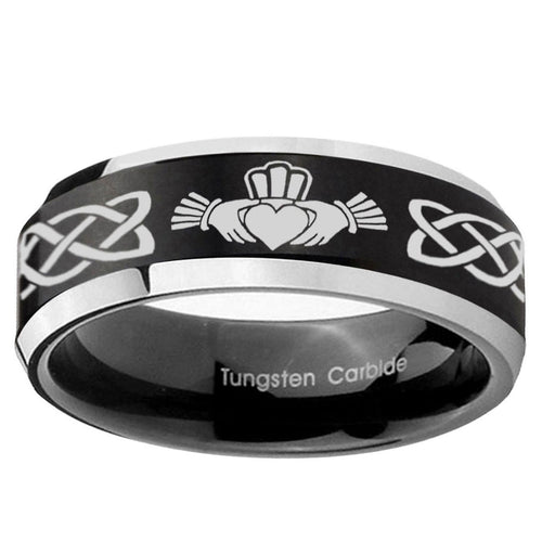 10mm Irish Claddagh Beveled Edge Brush Black 2 Tone Tungsten Ring