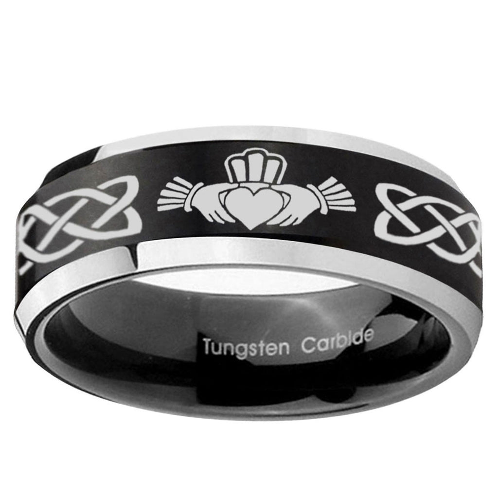 5MM Irish Claddagh Beveled Two Tone Black Tungsten Ring For Him