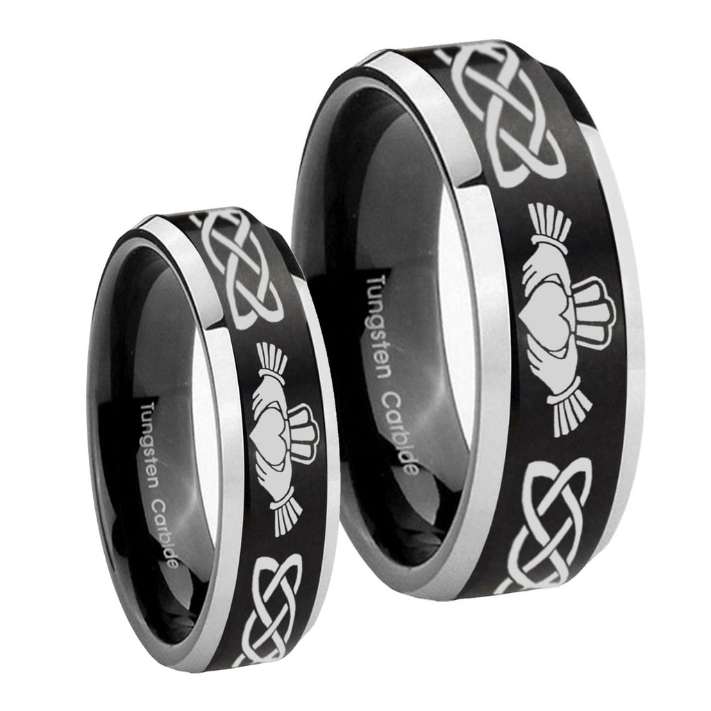 Irish Claddagh Beveled Brush Black 2 Tone Tungsten Wedding Set Ring