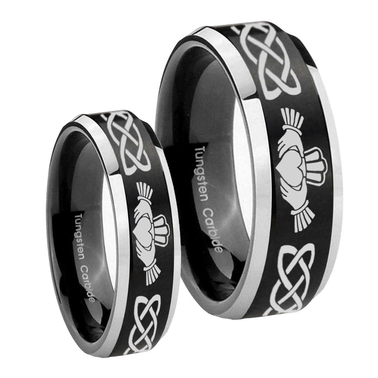Irish Claddagh Beveled Brush Black 2 Tone Tungsten Wedding Set Ring