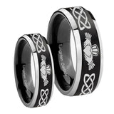 His Hers Irish Claddagh Beveled Brush Black 2 Tone Tungsten Mens Promise Ring Set