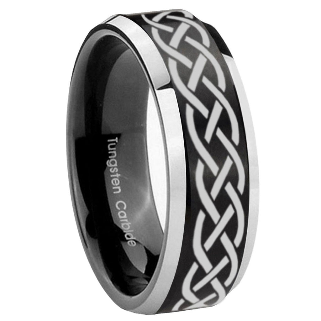 10mm Celtic Knot Beveled Brush Black 2 Tone Tungsten Mens Ring Engraved