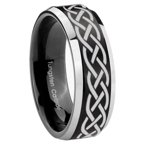 10mm Celtic Knot Beveled Brush Black 2 Tone Tungsten Mens Ring Engraved