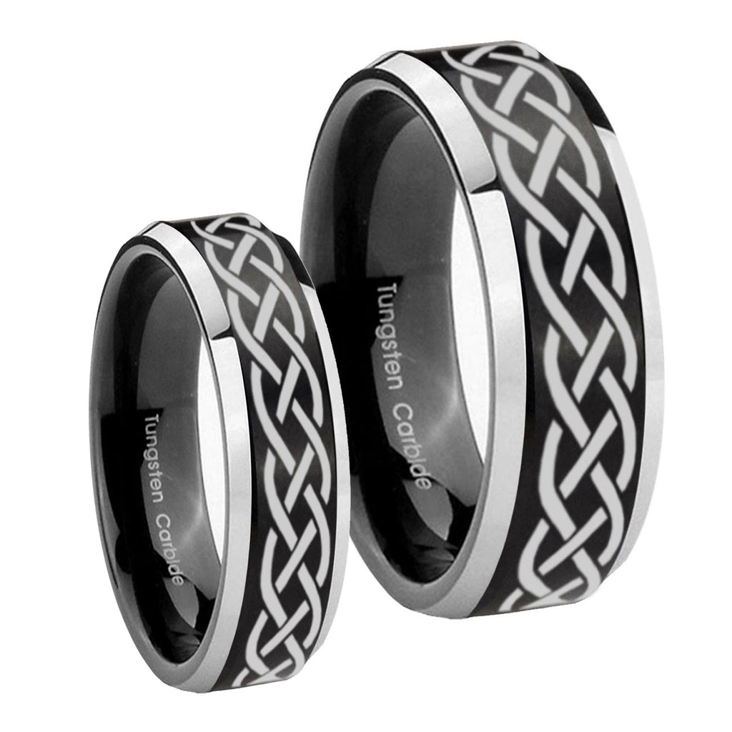 Celtic Knot Beveled Brush Black 2 Tone Tungsten His Hers Ring Set