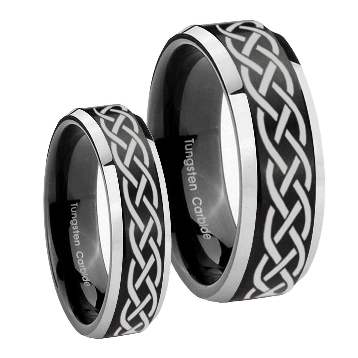 Celtic Knot Beveled Brush Black 2 Tone Tungsten His Hers Ring Set