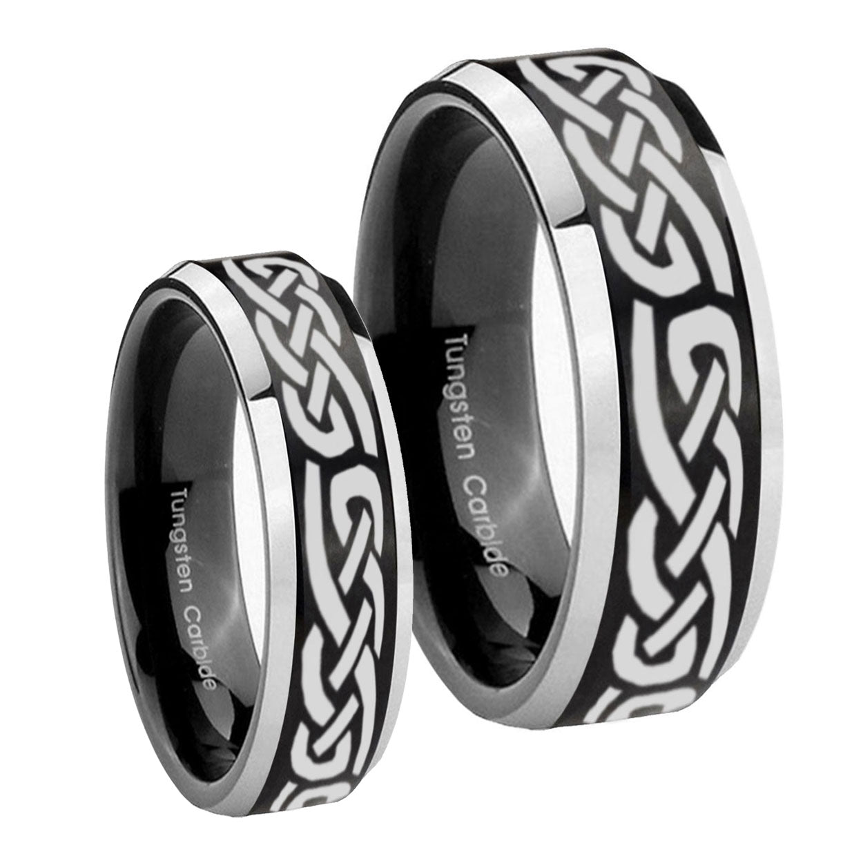 Celtic Knot Infinity Love Beveled Brush Black 2 Tone Tungsten Mens Band Set